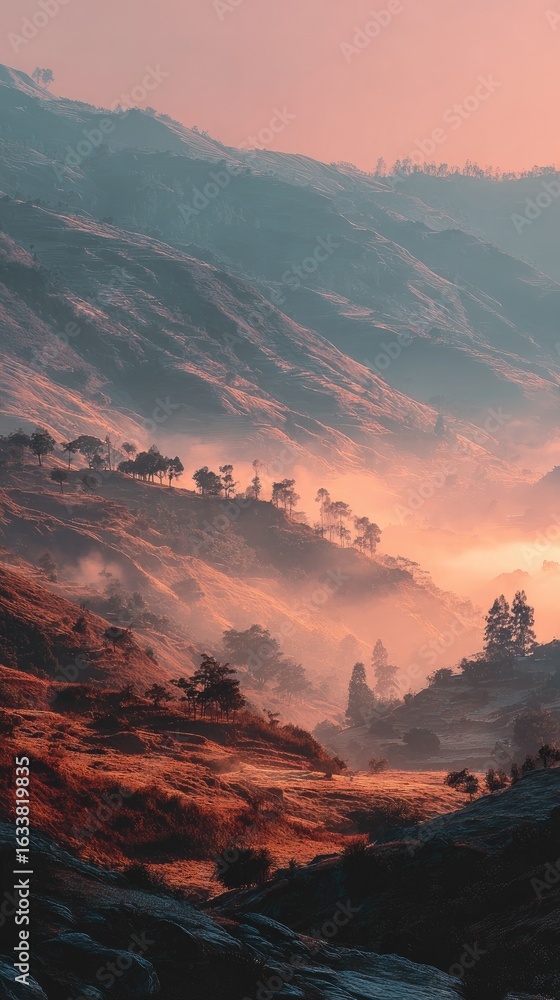 Fototapeta premium Misty mountain range at dawn. Soft hues of sunrise