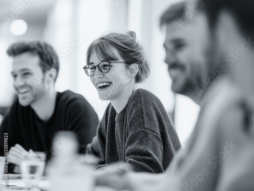 A DSLR photo with a cinematic feel, capturing a moment of laughter during a meeting. The background is pure white. The angle is candid and intimate, with great detail in full HD.