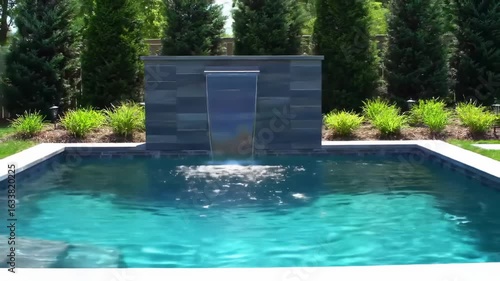 Stylish swimming pool with cascading water feature in a lush outdoor setting