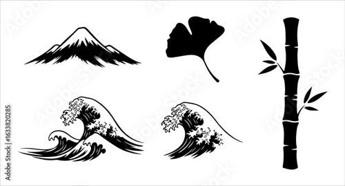 Black ink mountain ginkgo leaf bamboo and crashing waves snow capped mountain bamboo stalk