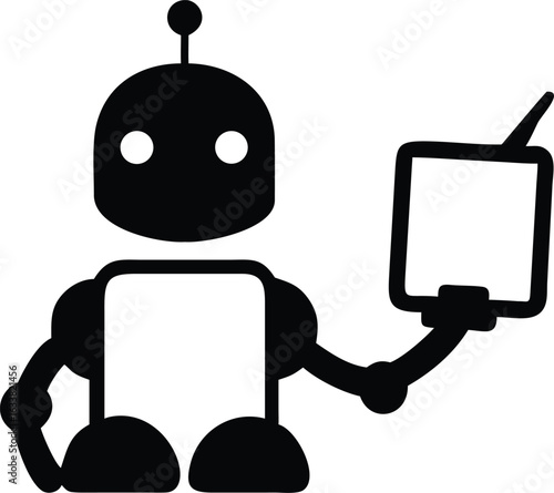 Simple black robot holding a square device with an antenna android artificial intelligence