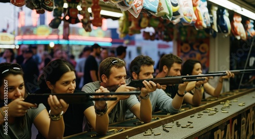 Friends playing shooting gallery game at a carnival fair at night.