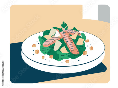 Delicious Salmon Salad with Greens and Croutons on a White Plate lettuce