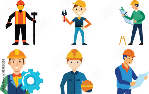 Vector art of construction professionals and engineers reviewing plans and using tools on a project site, isolated on transparent background