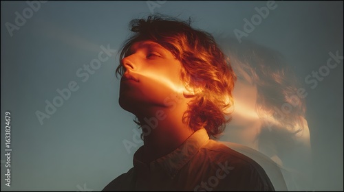 Person with glowing light effect around head looking up against blue background.