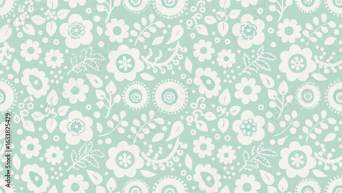 Floral pattern with white flowers and leaves on a light green background in a seamless repeat design