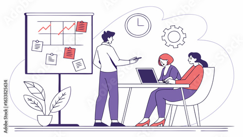 Man presenting graph on whiteboard to coworkers at desk with laptop and clock on the wall behind them