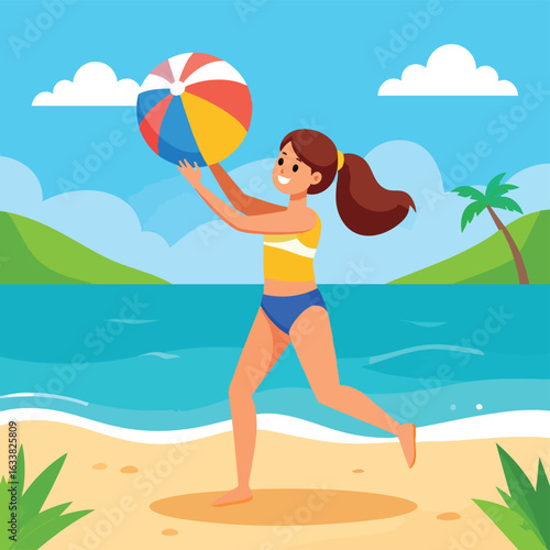 A cheerful woman on a sunny beach plays with a colorful beach ball.