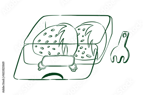Hand drawn two fresh strawberries in a transparent box and a cute fork. Delicious fruit illustration in line art style