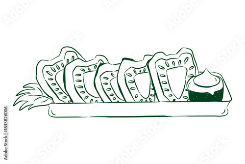 Hand drawn fresh strawberry slices and delicious whipped cream cup in a tray. Serving of fruit illustration in line art style