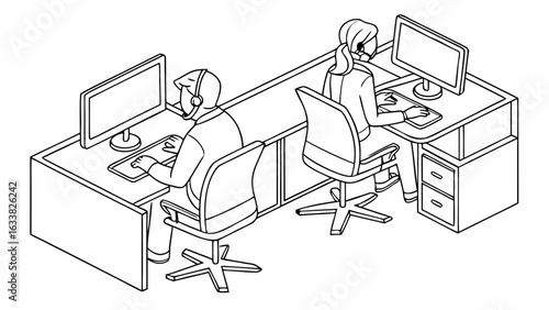 Isometric illustration of two call center employees working at their desks with headsets on