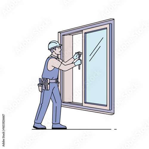 Window repair with worker in hardhat fixing glass, performing maintenance. Professional window repair specialist uses tools to replace broken pane.