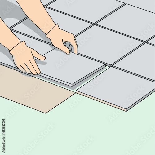 Laying tiles on floor is a home improvement task. Laying tiles requires careful placement, showing hands installing tile on surface and creating a pattern, one by one to renovate room.