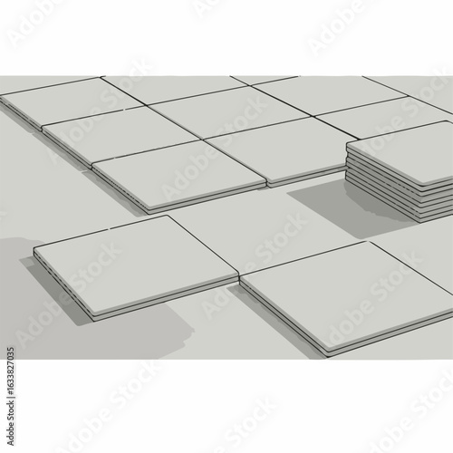 Installation of floor tiles, with gray tiling being installed on floor, demonstrating home improvement. Floor tiles installation showing stack of tiles, grout lines, and level surface.