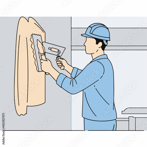 Wall repair illustration shows builder applying plaster to wall with trowel, in uniform. Wall repair process depicts professional carefully smoothing compound for even surface.