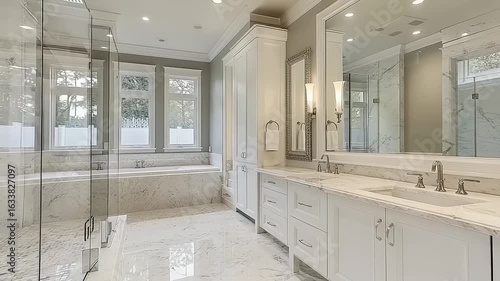 Luxurious bathroom with marble and glass accents
