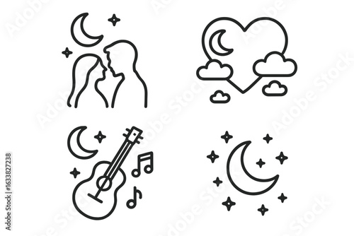 Romantic Moonlit Evening Vector Icons Set. Line Art Style Couple Silhouette, Heart Clouds, Starry Sky, Guitar Serenade, Crescent Moon and Music Elements. Love, Date, Night, Outline Design.