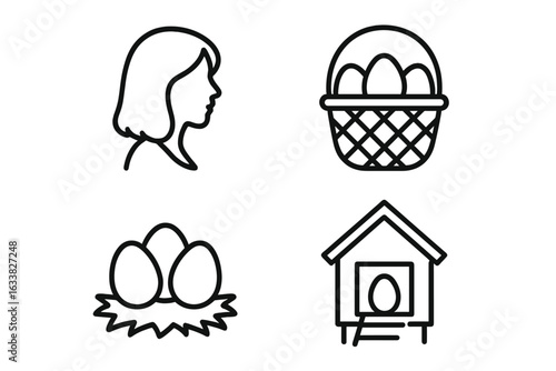 Egg Collection Vector Outline Icons Set. Woman Silhouette, Egg Basket, Chicken Nest, Chicken Coop with Eggs. Farm Fresh Eggs Concept, Farmhouse Decor, Morning Collection. Simple Line Style Vector.