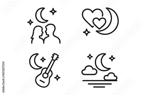 Romantic Moonlight Evening Outline Icon Set. Couple Silhouette, Heart and Crescent Moon, Guitar Serenade, Cloudy Night. Minimalist Black Vector Collection for Love, Romance, Dating, Music Theme