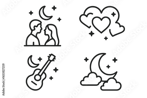 Romantic Moonlight Icons Set. Outline Vector Collection of Couple Silhouette, Serenade Guitar, Heart Clouds, Crescent Moon, Night Sky, Stars. Love, Romance, Evening Date, Dreamy Mood