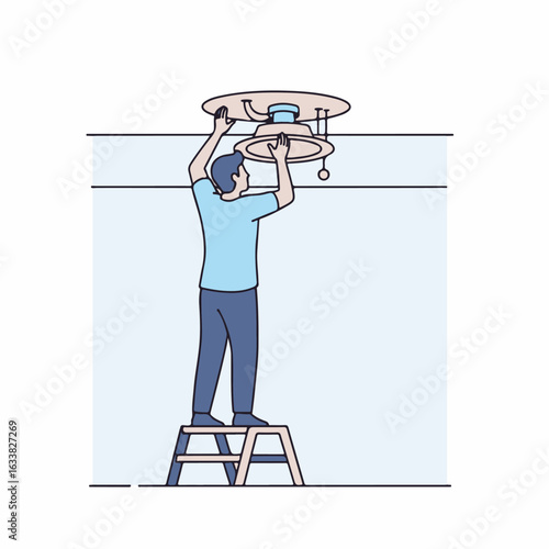 Man installing ceiling fan on ladder fixing electrical fixture. Installing ceiling fan requires careful attention.