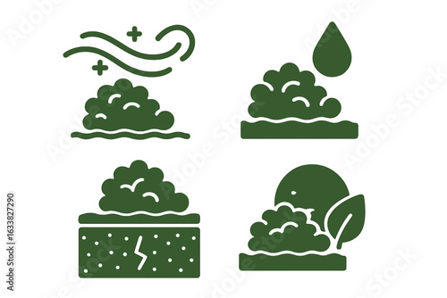 Moss Environment Icons Set. Solid Green Vector Illustrations Depicting Moss Air Purification, Moisture Retention, Soil Protection, Eco-Friendly Plant Growth, Environmental Conservation, Isolated Icons