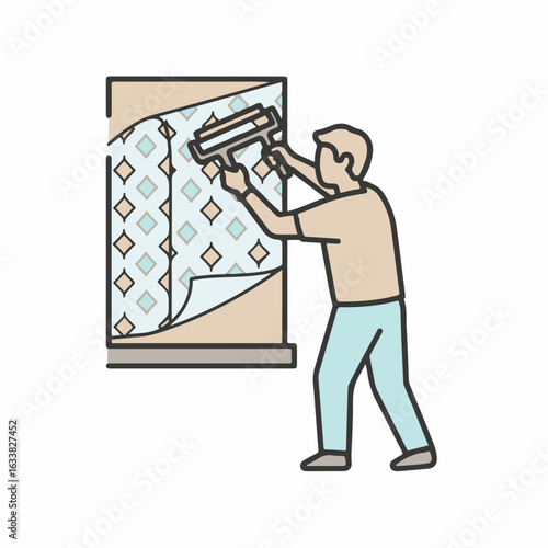 Home renovation with wallpaper installation using special roller. Wallpaper installation by craftsman ensures smooth surface. Consider wallpaper installation for your next remodeling project.