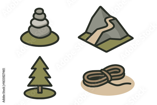 Mountain Hiking Trail Icons Set. Isometric Vector Symbols of Cairn Rock Stack, Narrow Ridge Pathway, Pine Tree Outline, Rope. Outdoor Adventure, Navigation, Wilderness Trekking, Hiking Essentials