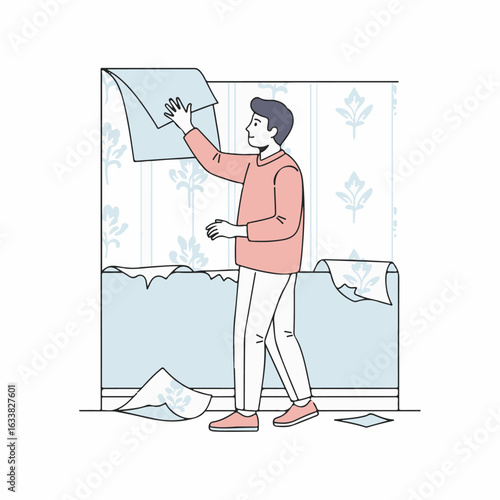 Removing wallpaper in home, man peels old paper from wall before renovation project. Removing wallpaper is important first step when redecorating space.