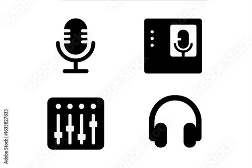 Audio Recording Studio Icons Set. Microphone, Recording Booth, Mixing Console, Headphones. Modern Solid Vector Symbols for Music Production, Podcast, Broadcast, Sound Engineering, Equipment, Isolated