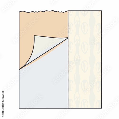 Applying wallpaper during renovation, shown in an illustrated scene of hanging a new decorative wall covering in house. Wallpaper application includes removing backing paper from adhesive sheet