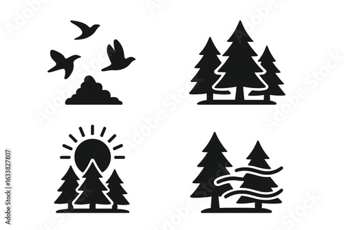 Nature Awakening Vector Icon Set – Forest Trees, Birds Flying, Sunrise, Morning Mist, Outdoor Wilderness, Scenic Woodland Silhouettes, Solid Filled Minimal Design, Relaxing Natural Landscapes
