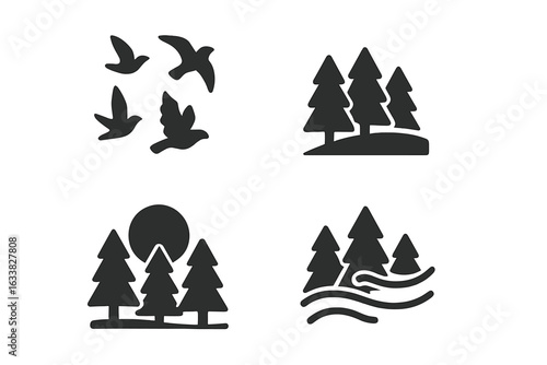Nature Awakening Vector Icon Set. Solid Silhouette Birds Flying, Forest Clearing, Sunlight, Morning Mist, River, Pine Trees, Sunrise, Peaceful Scenery, Wilderness. Graphic Isolated Illustration
