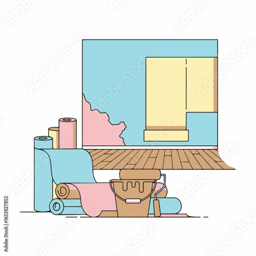 Home renovation with rolls of wallpaper in varied colors and tools. Home renovation preparation with painting roller and paint bucket ready for the job.