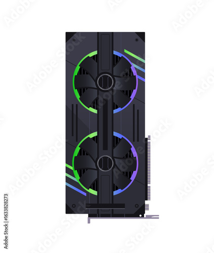 Video card with coolers. Graphics accelerator. Display adapter with fans. Modern GPU or VGA. Hardware of desktop computer. Item of PC equipment. Flat isolated vector illustration on white background