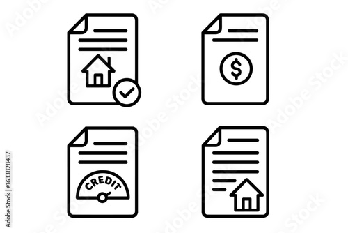 Mortgage loan application documents outline icon set. Vector illustration of mortgage checklist, proof of income, credit score report, home loan paper. Financial paperwork, real estate, banking forms