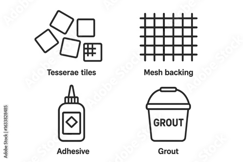 Mosaic Art Materials Icons Set. Outline Vector Illustration of Tesserae Tiles, Mesh Backing, Adhesive Glue Bottle, Grout Bucket. Creative Supplies for Mosaic Artwork, Crafts, DIY Projects, Home Decor