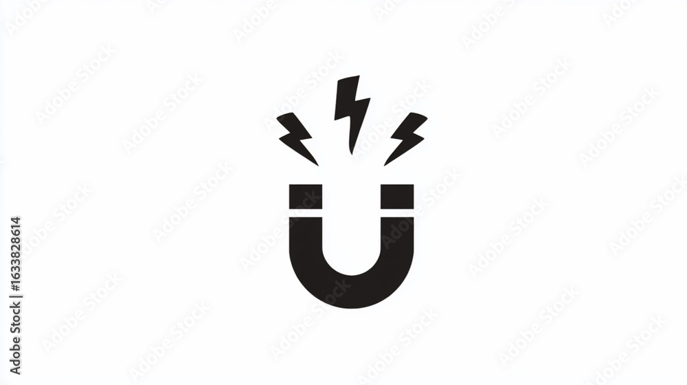 Fototapeta premium A black horseshoe magnet with three emanating lightning bolts, white background