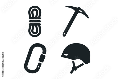 Mountain climbing gear icons set. Solid vector illustration of essential equipment for rock climbing and mountaineering: rope, ice axe, carabiner, helmet. Adventure tools for outdoor sports.