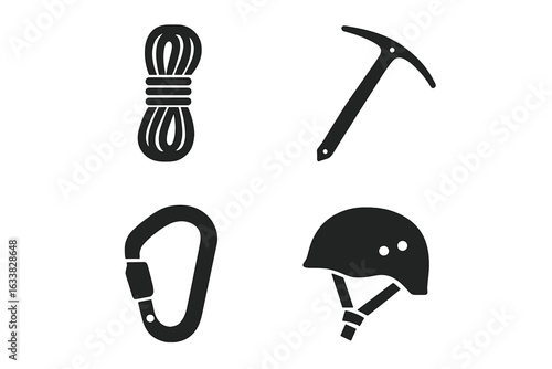 Mountain climbing equipment icons set. Solid vector illustrations of climbing rope, ice axe, carabiner, climbing helmet. Outdoor adventure gear silhouette. Hiking, mountaineering safety equipment