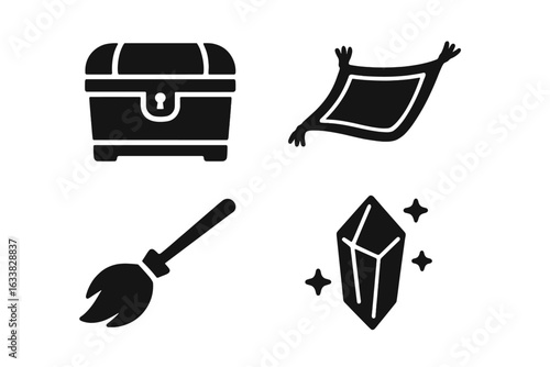 Set of 4 Solid Black Mythical Fantasy Icons, Treasure Chest, Magic Carpet, Flying Broomstick, Magical Crystal, Enchanted Objects Vector, Fairy Tale Symbols, Fantasy Adventure Elements