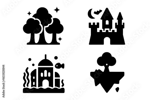 Mythical locations icon set. Enchanted forest, haunted castle, underwater city, floating island. Fantasy landscape symbols, magical silhouette elements collection. Fairy tale, legend, adventure.