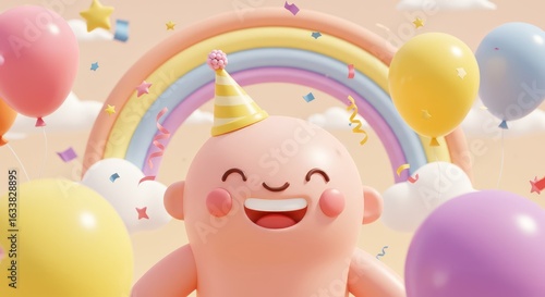 Smiling Character at Party with Rainbow Balloons and Confetti