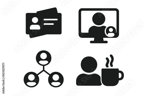 Modern Networking and Collaboration Solid Icon Set. Business Cards, Video Call, Virtual Meeting, Professional Conference, Coffee Chat, Remote Teamwork, Corporate Communication, Vector Illustration
