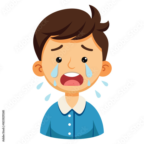 A sad cartoon man crying with exaggerated tears and a tissue, representing sadness, grief, and emotional feelings.