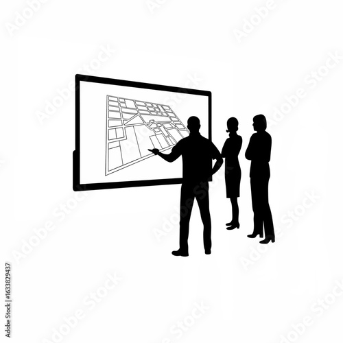 Team observing futuristic 3d city visualization on a large screen