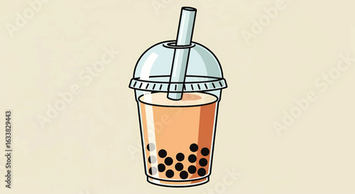 A cute and simple cartoon illustration of a cold bubble milk tea, a popular Taiwanese beverage with tapioca pearls.