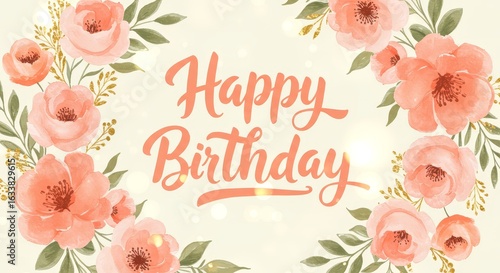 Happy Birthday Card with Watercolor Flowers and Leaves