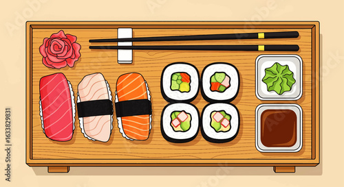 Flat lay illustration of a traditional Japanese cuisine set featuring sushi, nigiri, and maki rolls on a wooden platter.
