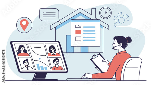 Woman with headset conducts a virtual meeting while working from home with charts and graphs displayed